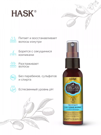 Спрей несмываемый 5-в-1 с аргановым маслом Hask Argan Oil Repairing 5 In 1 Leave-In Conditioner, 52 мл.